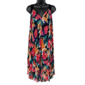 Abstract Pleated Asymmetrical Dress Colorful Art Print Flowy Boho Resort Size 6